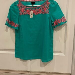 Talbots Teal Blouse with Pink Embroidery SP